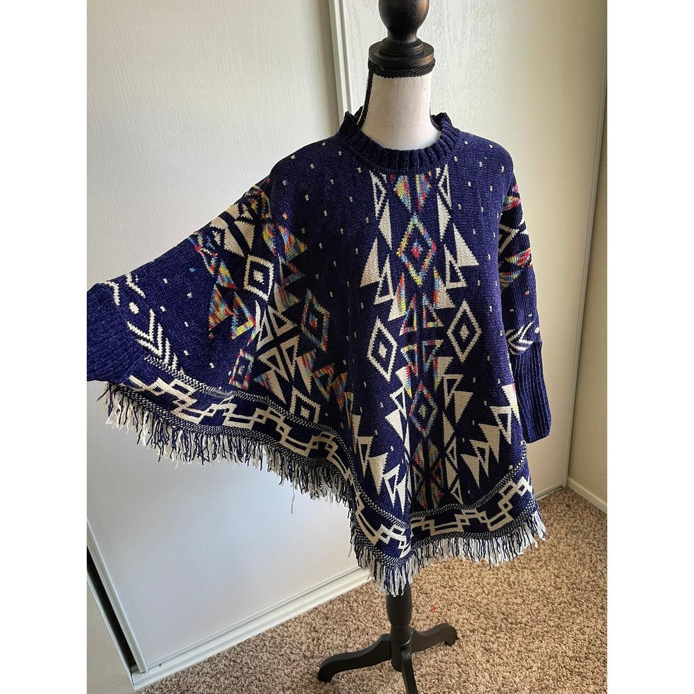 Navy Blue Southwestern Geometric Knit Fringe Poncho Sweater Crew Neck One Size